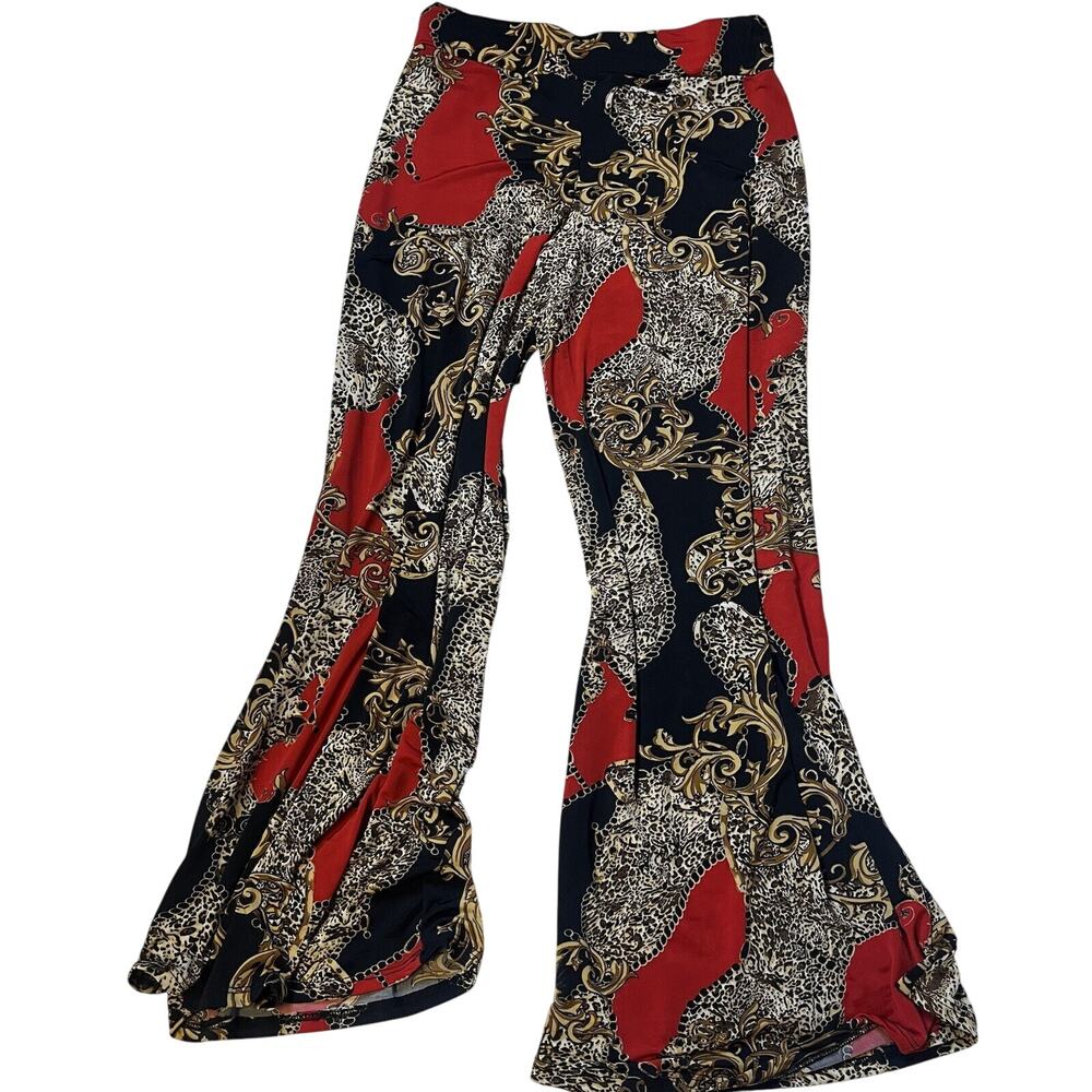 Nolita Sky Womens Rainbow Flare Pant Gold Chain Animal Print Design Red Large